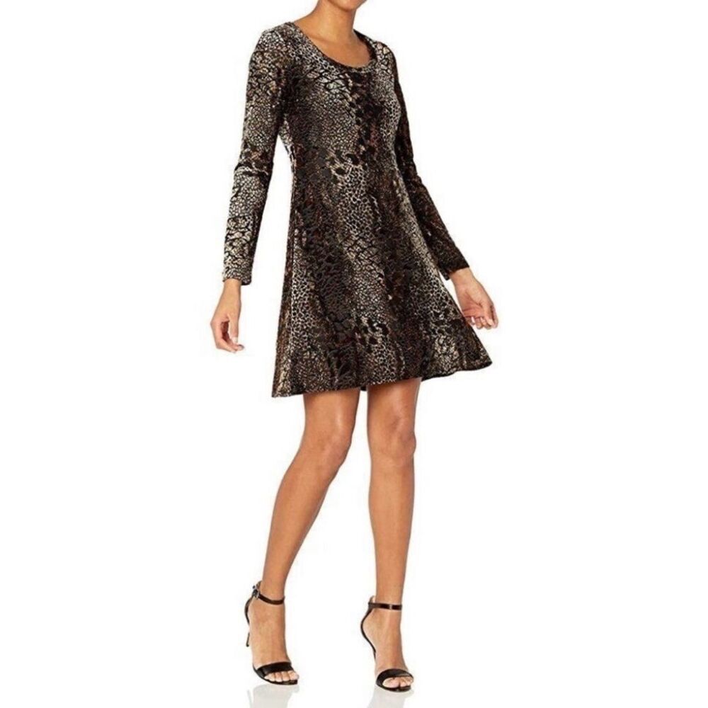 Karen Kane Black Brown Velvet Burnout Long-Sleeve Metallic Snake Print Dress  S